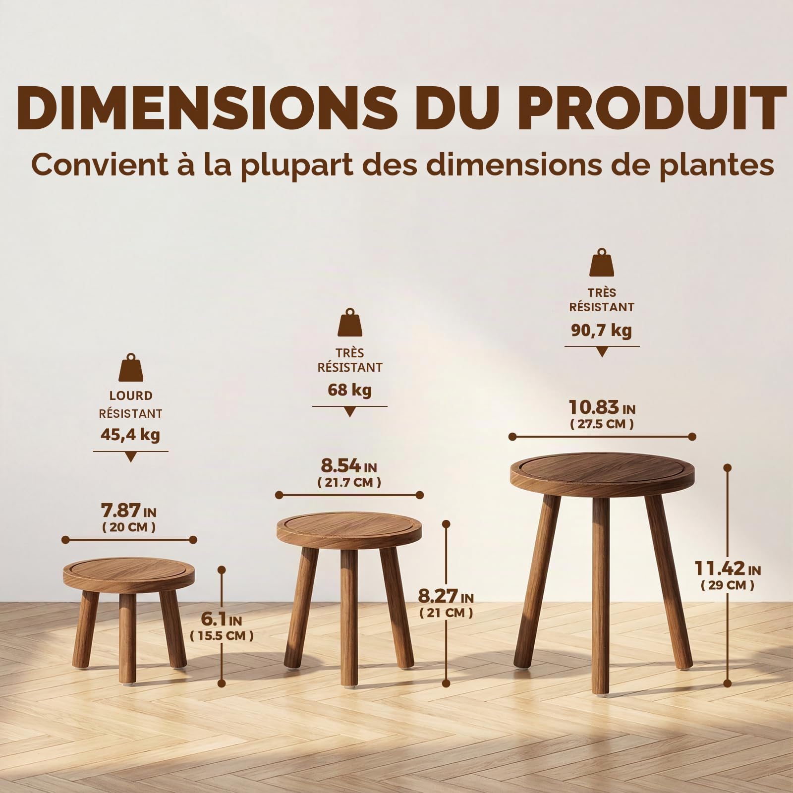 Bamworld Lot de 3 supports de plantes d'intérieur simples pour plusieurs plantes, tabouret d'angle en bois pour terrasse, jardin, balcon, salon, chambre à coucher (marron)