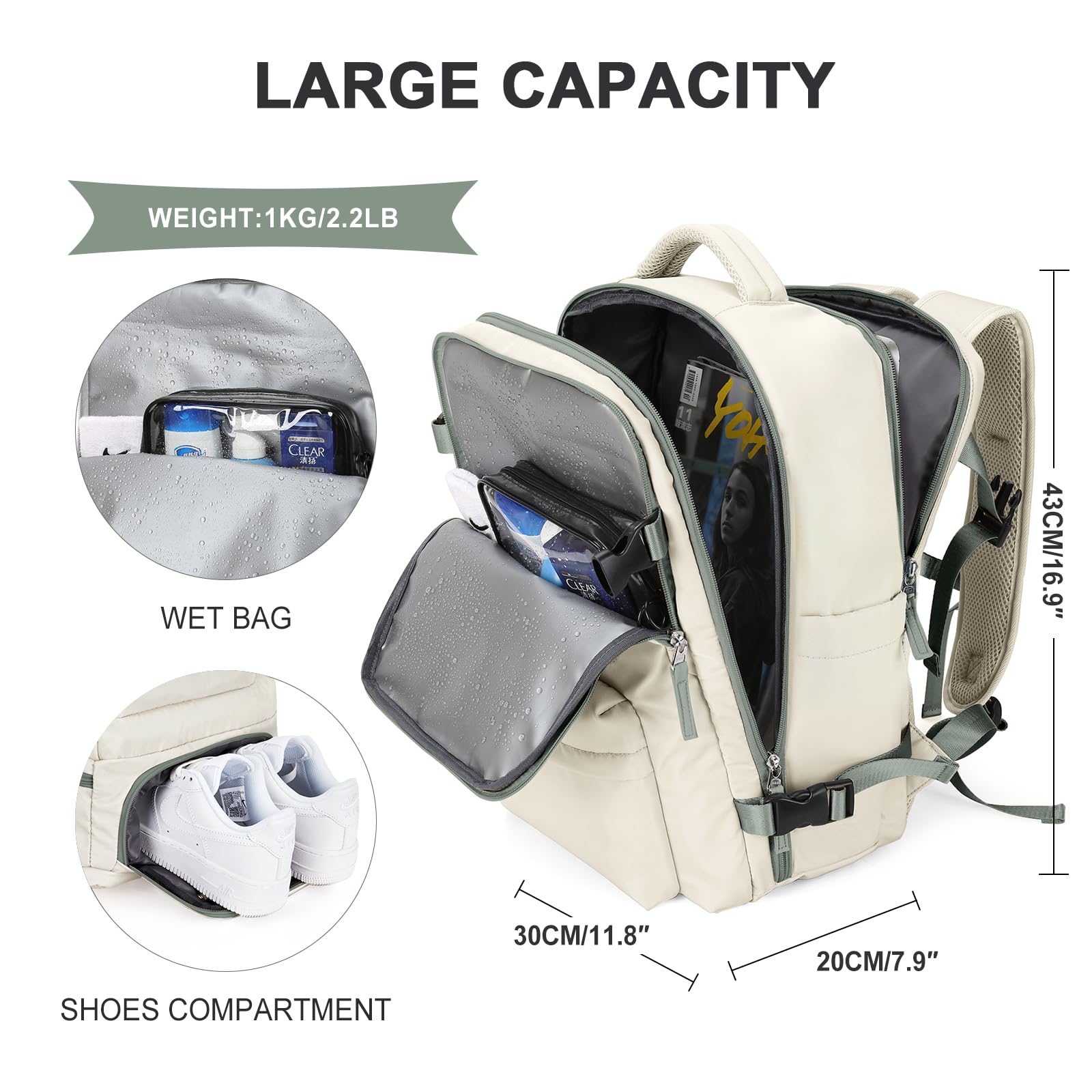 SZLX Zaino Ryanair 40x30x20 Sottovuoto Bagaglio a Mano 40x20x25 Donna Zaino da Viaggio 40x30x20 Wizzair Borse da Cabina per Easyjet 45x36x20 Uomo per Laptop 14 Pollici con Porta USB e Porta Scarpe