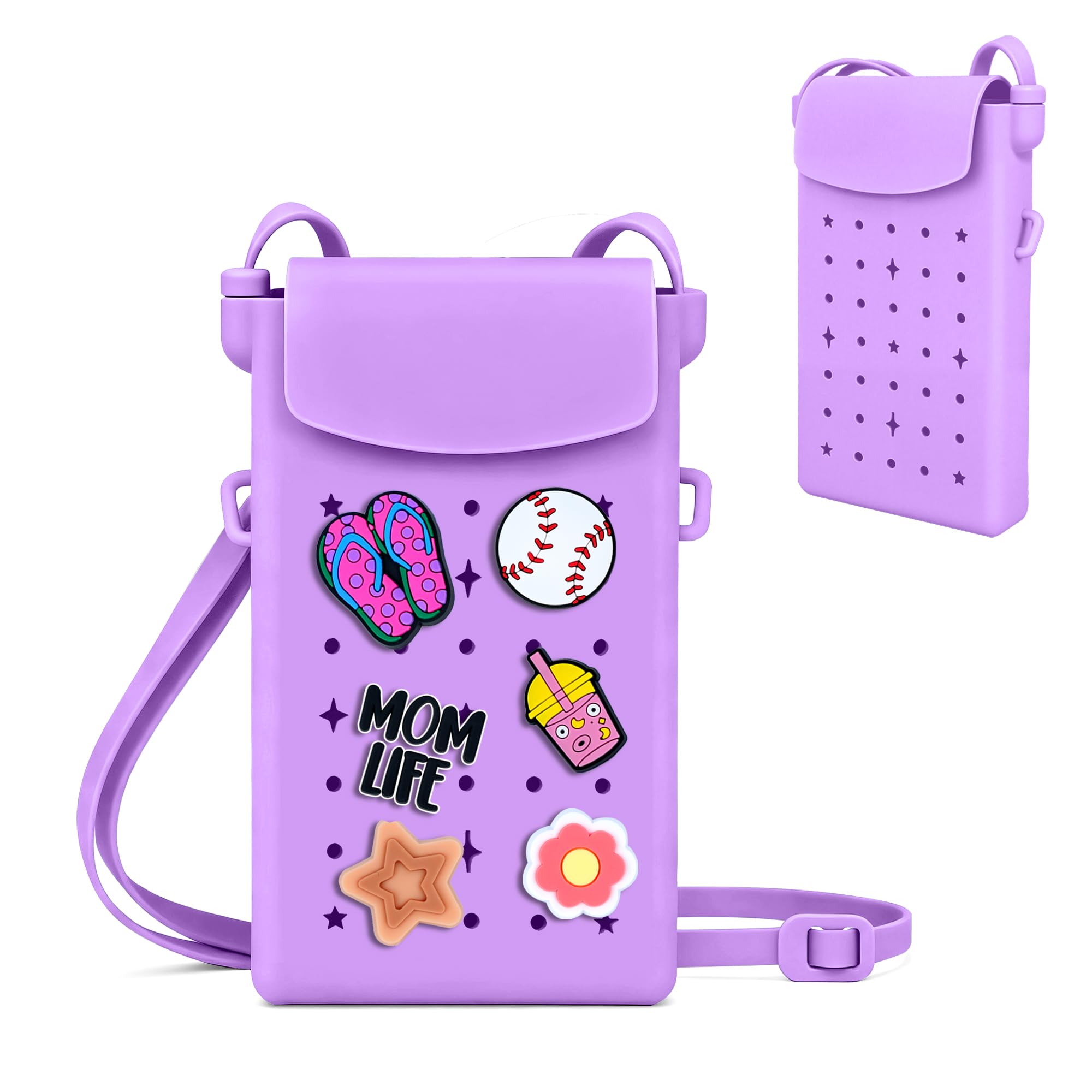 Sac à bandoulière en Silicone pour Femmes et Filles, Petit Sac à Main pour téléphone avec bandoulière réglable, Fermeture magnétique, avec 15 Breloques de Noël, Cadeaux de Noël, Violet