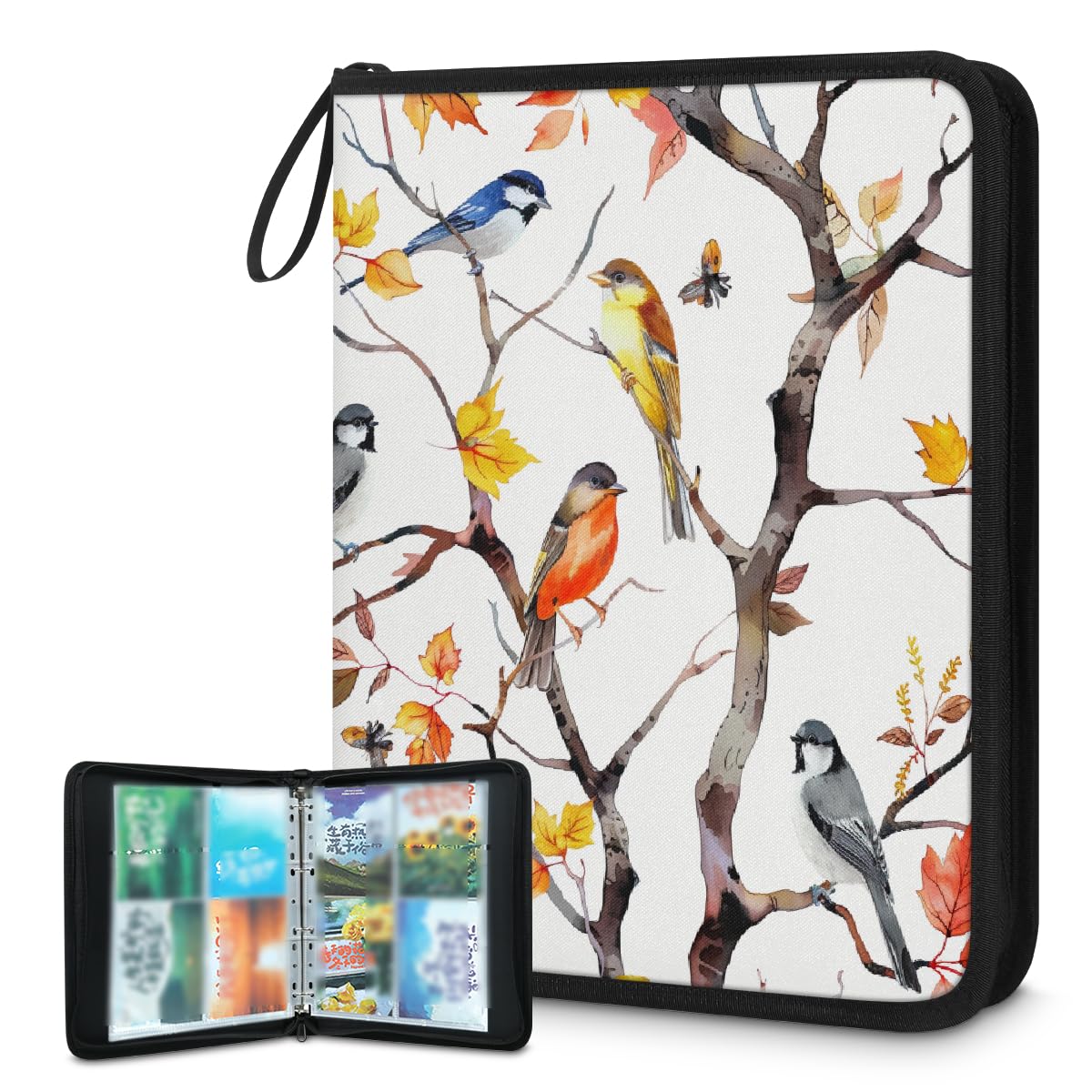Raccoglitore per carte collezionabili con 4 tasche autunnali con albero di uccellino, raccoglitore per carte con stampa ad acquerello, con maniche rimovibili, impermeabile, con cerniera, 50 pagine