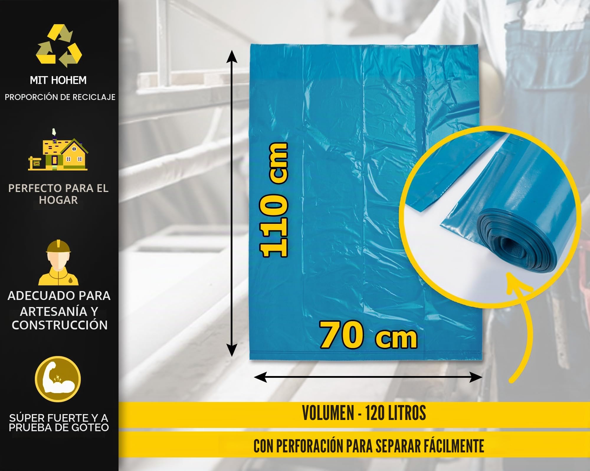 200 bolsas de basura alemanas 120L Blau - Extremadamente resistente - 200 bolsas de basura - Bolsas de basura XXL - Tipo 100 - Bolsa de basura de 120 L - 70 µ - 700x1100 mm - LDPE