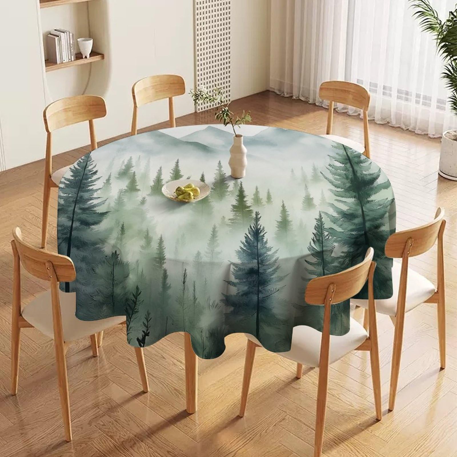 ORDOBO 3D Printed Tablecloth - Mountain Forest Round Tablecloth Wipeable For Kitchen Dinner Picnic Party Home Fashion Print Table Cover Decoration 152X152Cm