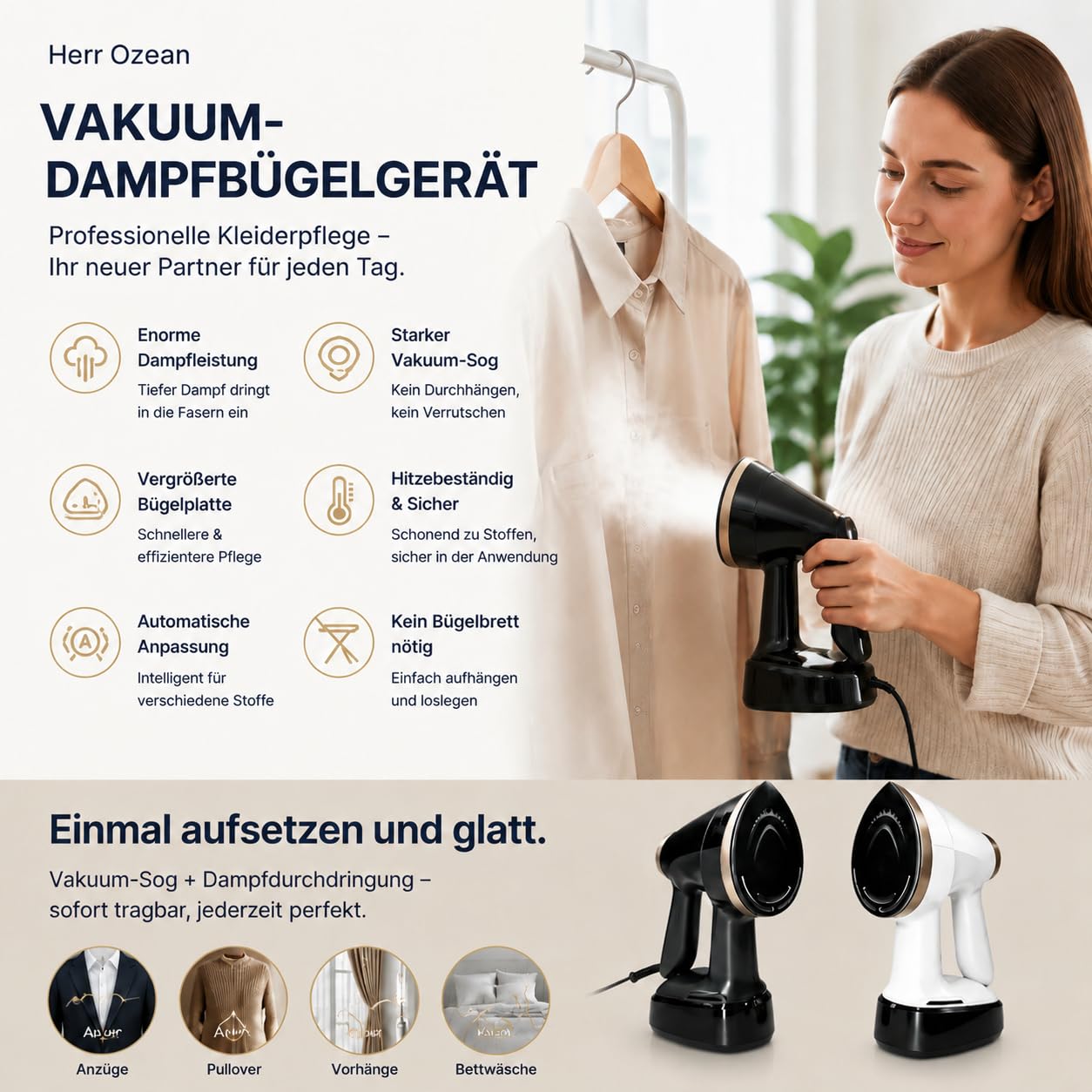 1500w Tragbarer Wassertank Steamer Dampfglätter400ml, 15s Schnellaufheizung Handdampfer, 2500–3600Pa, 4 Modi Für Kleidung Vertikales Und Horizontales Dämpfen Zuhause/Reise. (Weiß)
