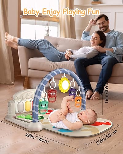 Miniatura 5 de dearlomum Tapete de juego de gimnasio para bebés con 4 teclas de piano musical centro de actividades con juguetes colgantes, tapete para el tiempo