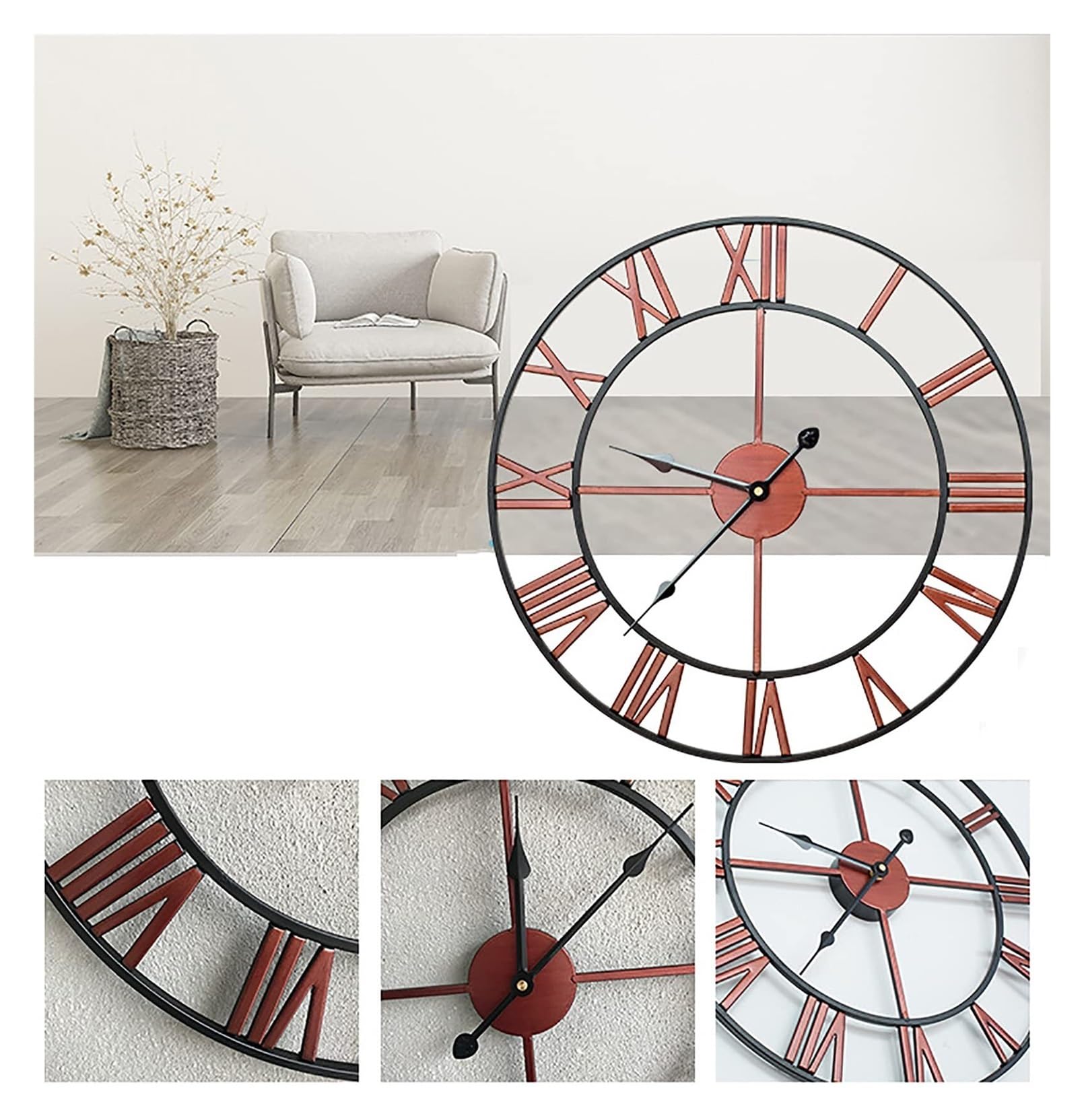 Relojes Reloj de pared grande de 24 pulgadas de metal envejecido que no hace tictac, silencioso, estilo industrial moderno, reloj de pared de hierro con números romanos for el hogar, sala de estar, co