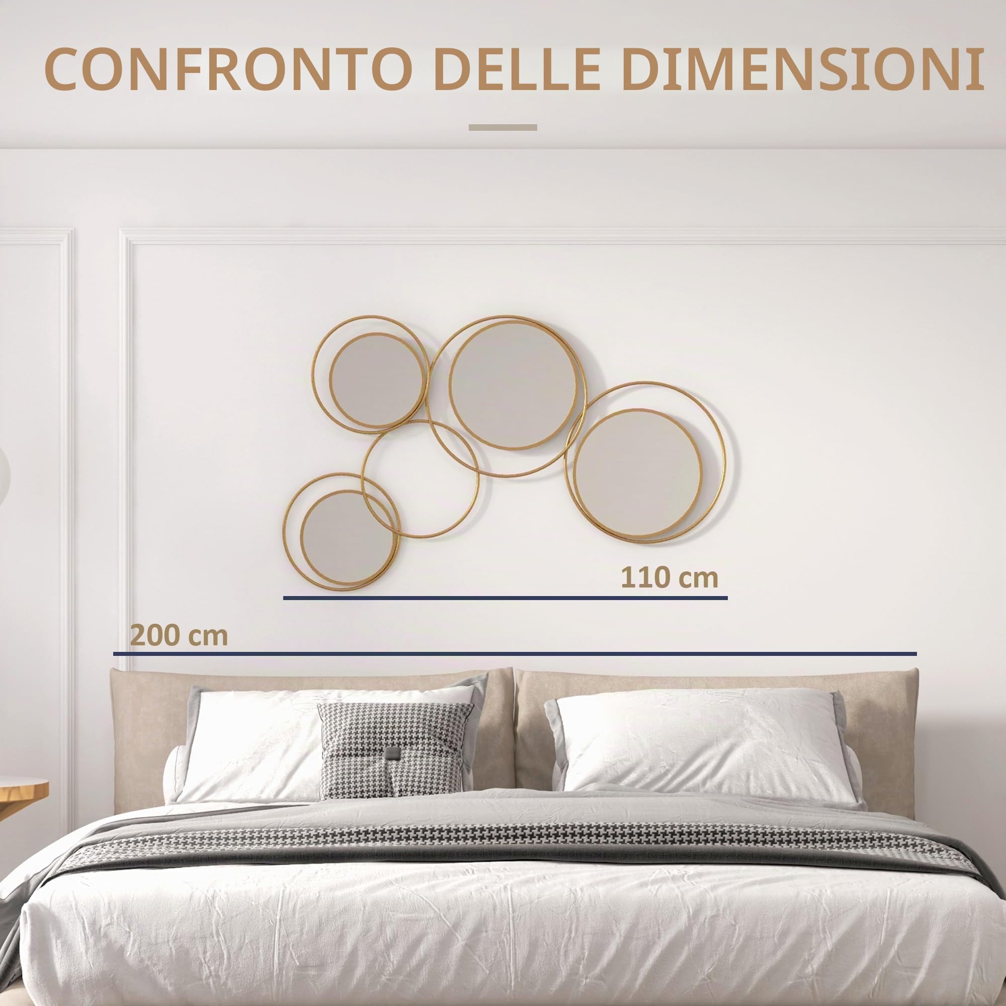 HOMCOM Specchio da parete in metallo 3D 4 specchi 110x68cm Oro | Decorazione murale rotonda in metallo per soggiorno, camera da letto, corridoio