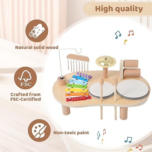 Miniatura 3 de Promise Babe Juego de batería de madera para niños pequeños de 1 a 3 años, instrumentos de percusión musical para niños, juego de batería para