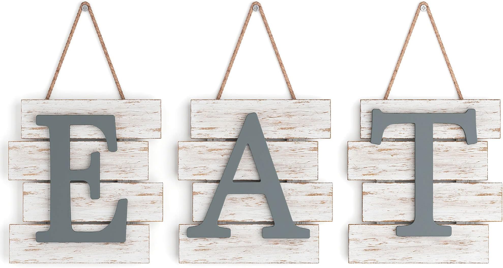 Eat Sign - Rustic Wall Decor for Kitchen and Home, Primitive Country Farmhouse Decorations, Distressed Hanging Sign, 24" x 8" (White/Grey)