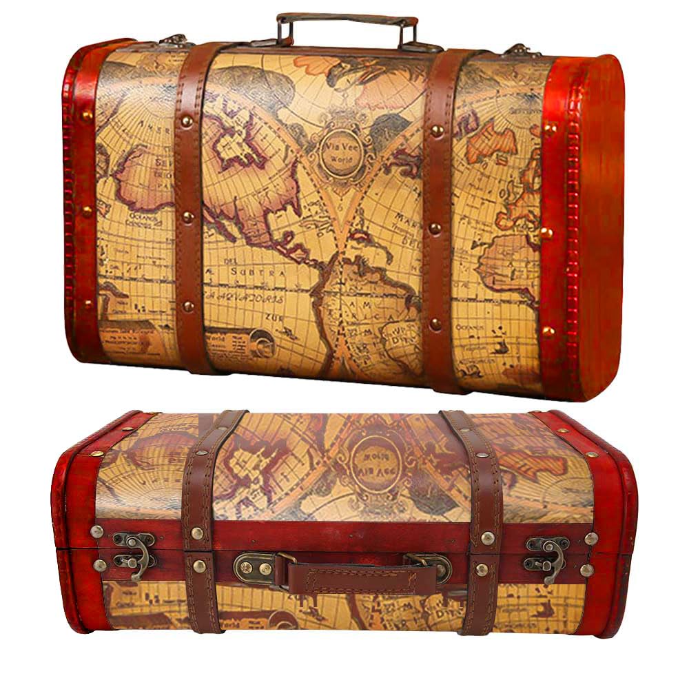 Les-Theresa Vintage Suitcase, Trunk, Decorative Treasure Box,Decorative Travel Chest Paperboard Boxes, Retro Design Jewelry Storage for Keepsake Bedroom Display or Party Decor (02-S)