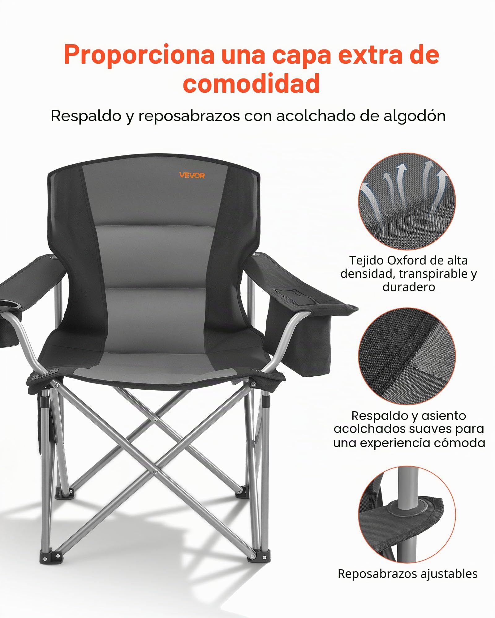 VEVOR Silla de Camping Plegable Grande Capacidad Máxima de 204 kg, Paquete de 2, Silla de Camping Portátil con Respaldo, Reposabrazos Acolchados, Bolsa térmica, Portavasos y Bolsillo para Exteriores