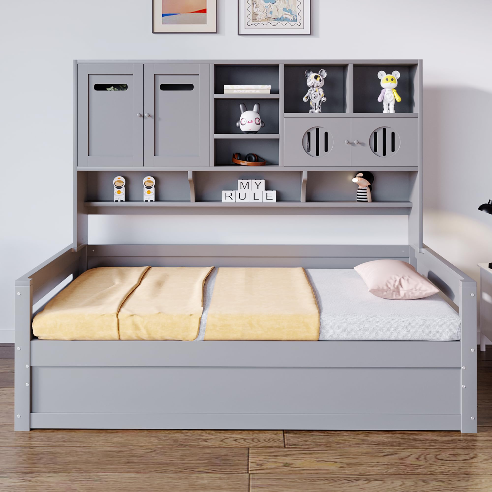 Drewniana sofa z funkcją spania z miejscem do przechowywania, 90 x 200 cm, łóżko hydrauliczne, drewno sosnowe, szara, łóżko pojedyncze, łóżko młodzieżowe, wielofunkcyjne