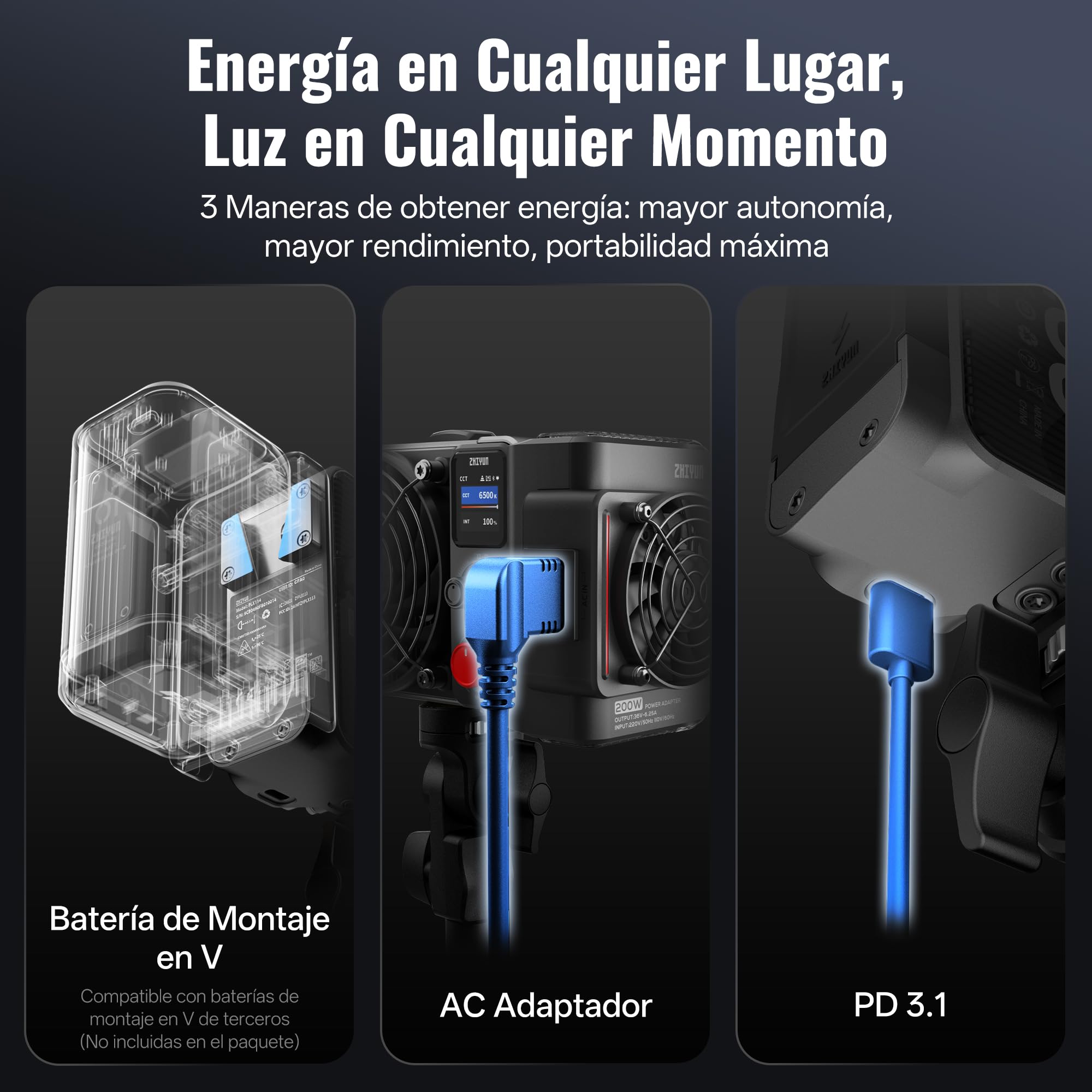 ZHIYUN MOLUS X200 Bicolor Standard [Oficial] Luz de Video 200W sin Batería | Iluminación de Salida Continua Portátil Iluminación Fotográfica Profesional,Montura Bowens, 2700K~6500K, CRI≥95/TLCI≥97, 800g