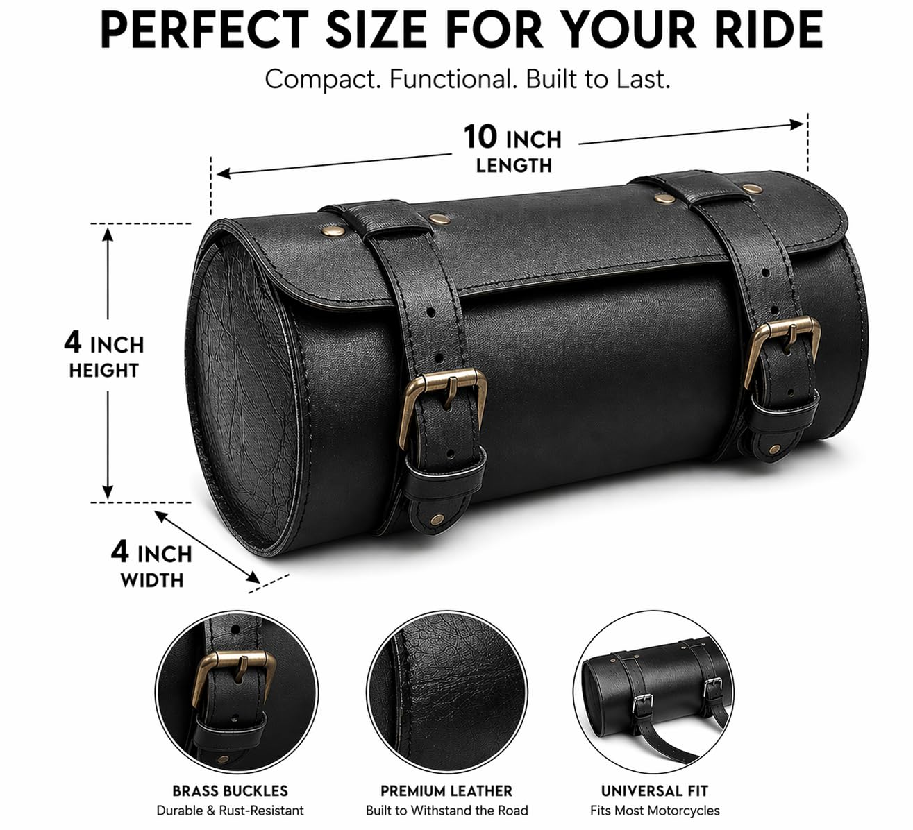 Echtleder Motorrad-Lenkertasche – Vintage, Ziegenleder, 2 Riemen Mit Schnalle, Braun, Für Lenker & Sissy Bar, 24,6 X 9,5 X 7,6 Cm