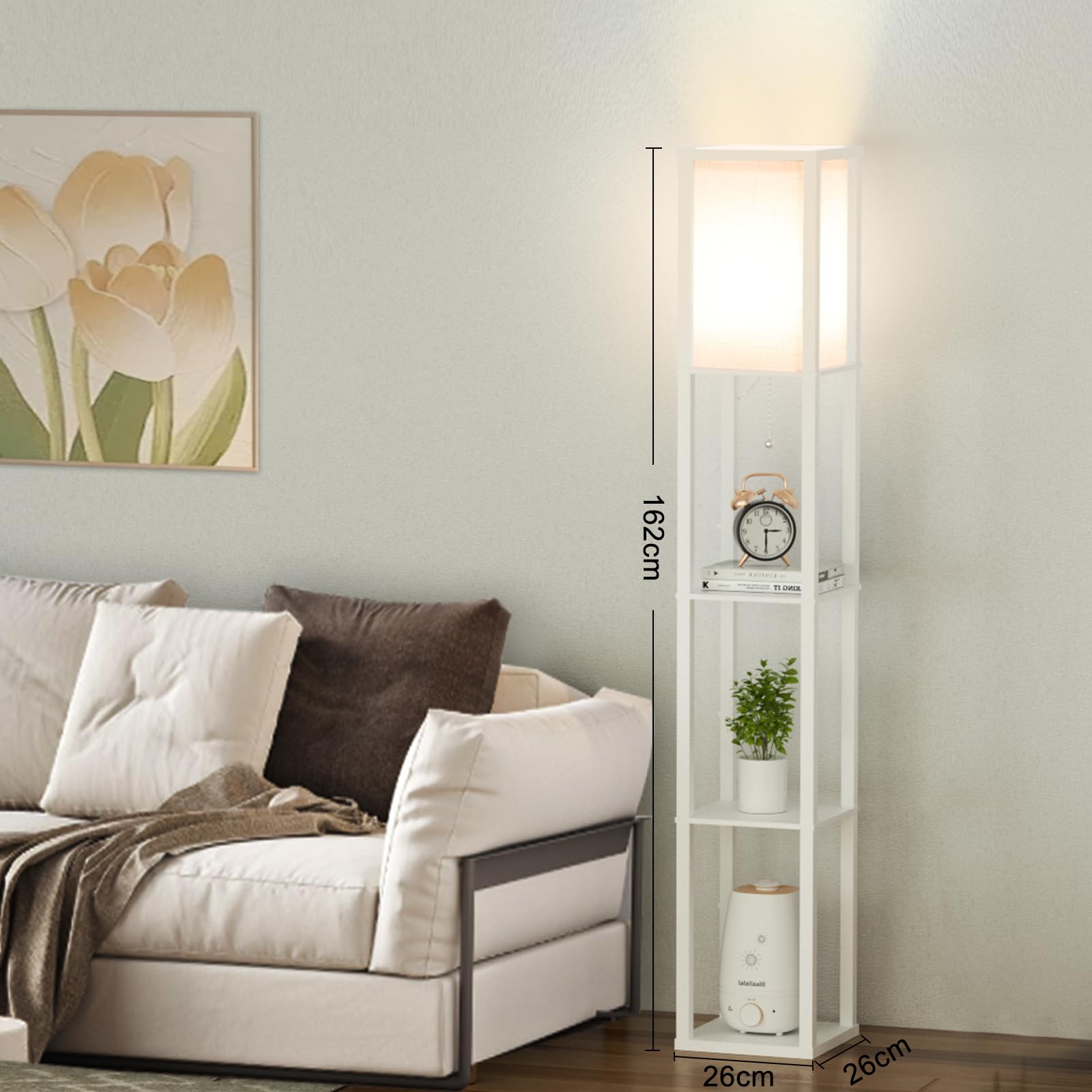 Omdekor Floor Lamp aus Holz, Wohnzimmer Stehlampe mit Fassung, Stehleuchte mit Regal 3 Farbtemperaturen 3000-5000K, Vintage Stehlampen für Wohnzimmer Schlafzimmer Arbeitszimmer Büro
