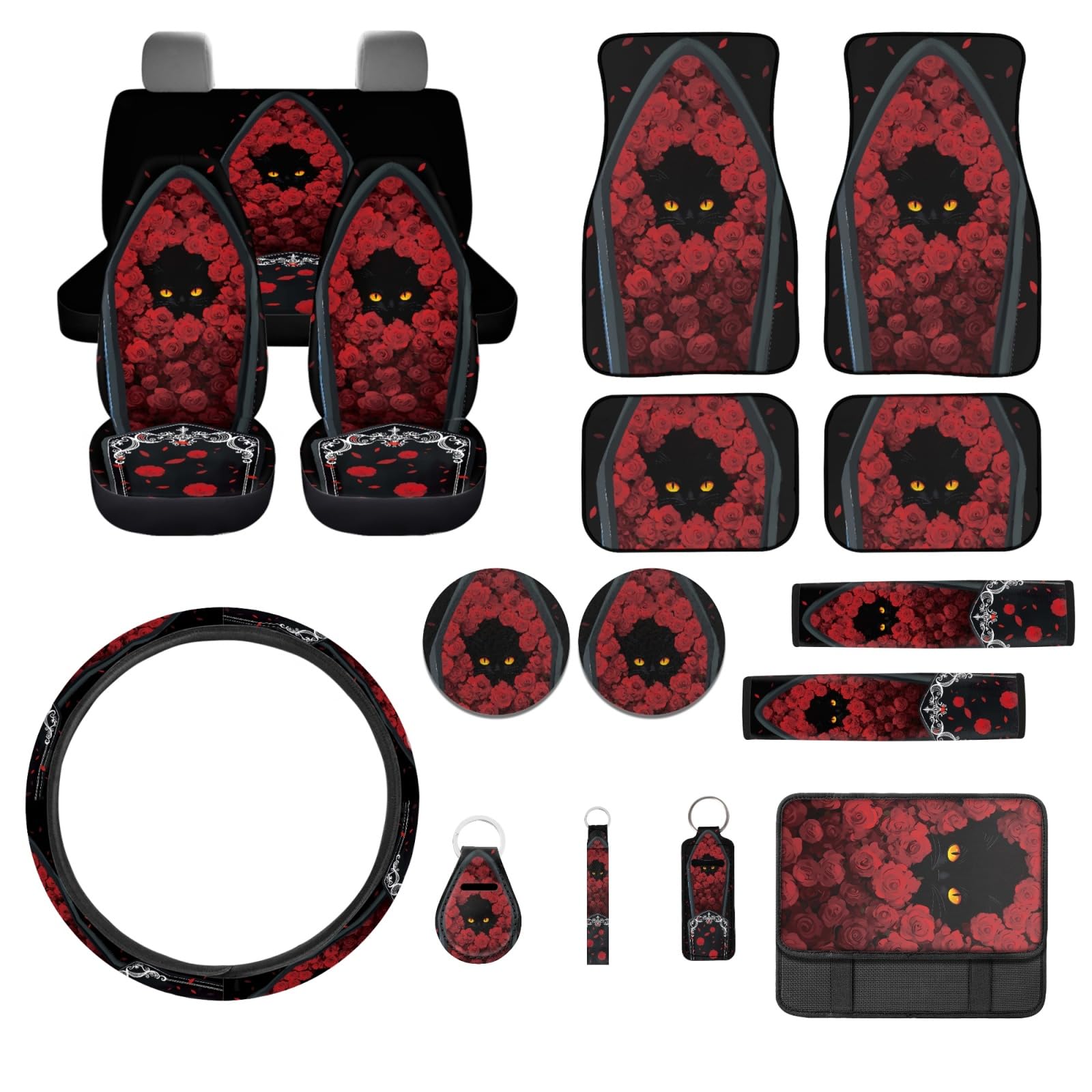 Black Cat Auto Seat Covers Full Set of 17, Car Floor Mats Steering Wheel Cover Seatbelt Shoulder Pad Armrest Cover Cup Coasters Key Chain Lip Balm Holder Car Accessory Protector Rose