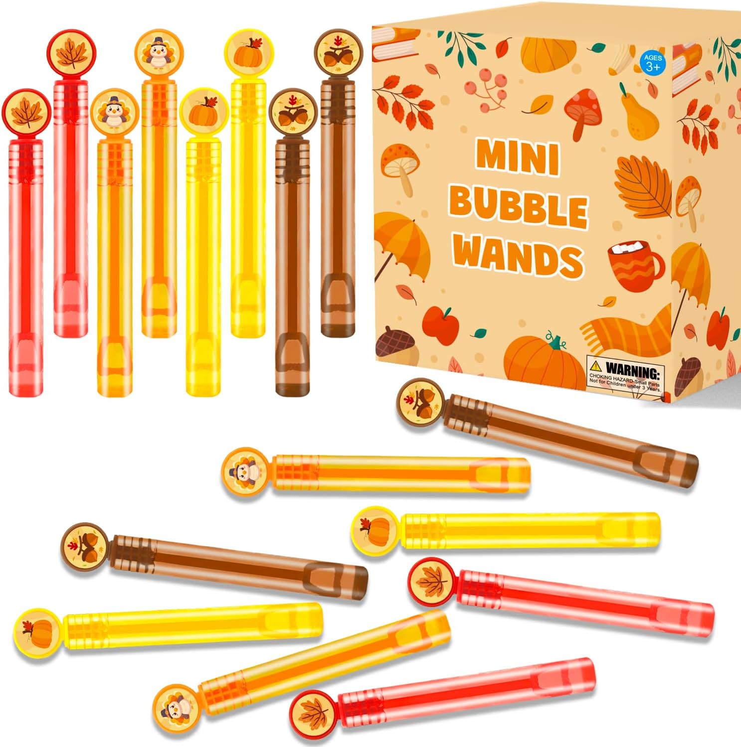 Bulk Thanksgiving Toys Gifts for Toddlers 64 Pack, Friendsgiving Mini Bubble Wands Party Favor Supplies Bulk for Kids, Fall Goodie Treat Candy Bag Stuffers Fillers, Autumn Class Prize Game Accessories