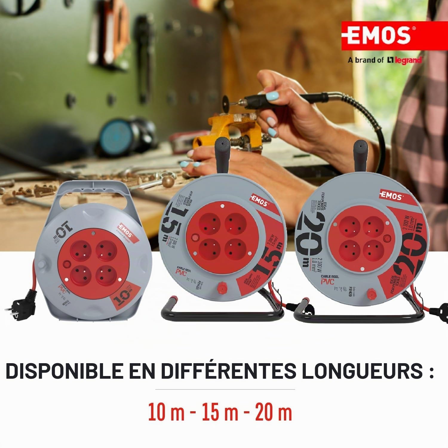EMOS - Enrouleur de câble 20m - 4 Prises French - 230 V, 10 A, 2300 W - Isolation PVC de Haute qualité - H05VV-F3G 1,0 mm2 - Protection Contre la surchauffe, Frein de Bobine - IP20 pour l'intérieur