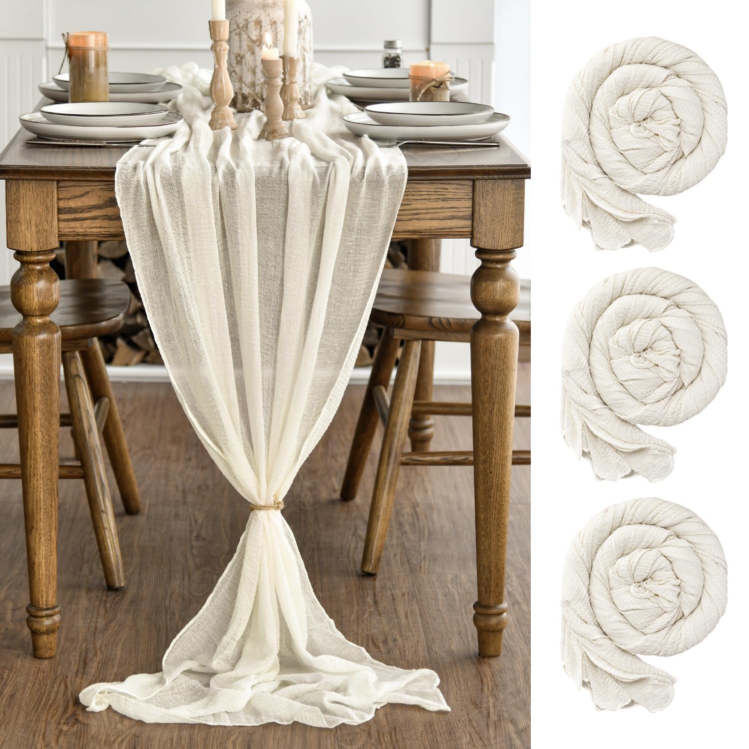 Artoid Mode Boho Beige Gauze 3 Pieces Wedding Table Runner, 300 cm Birthday Fabric Kitchen Dining Holiday Table Decor for Home Party Indoor - 1