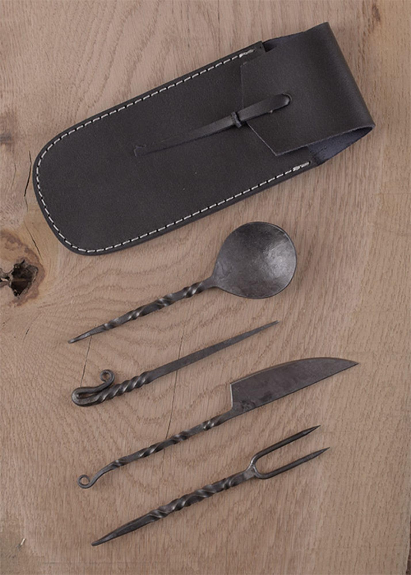 Cubiertos medievales forjados a mano de 4 piezas, con funda de piel: cuchillo, tenedor, cuchara y punzón para comer medieval / vikingo - varios tipos de mangos (con mangos de madera)