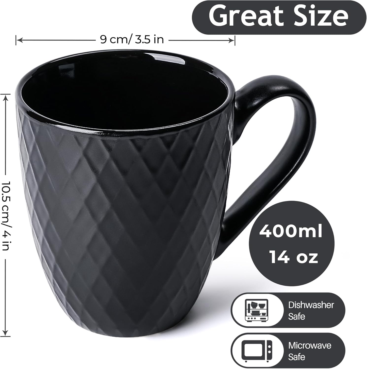 MIAMIO - Coffee Mugs set of 6 / Coffee Cups - 6 x 14 Oz Ceramic Mugs - Large Coffee Mugs - Microwave & Dishwasher safe - Palmanova Collection (Black) - Image 6