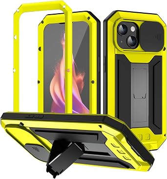 Simicoo Compatible with for iPhone 15 Pro Max Metal Military Heavy Duty Case Silicone Shockproof Dustproof Rugged Tough Cover with Stand Screen Protector Full Body Drop Protective CaseYellow