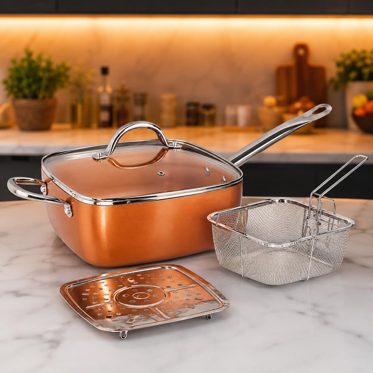 Sartén Cuadrada Antiadherente 24 cm Color Copper con Tapa de Vidrio | Revestimiento cerámico, aluminio 2,5 mm, apta para horno y lavavajillas