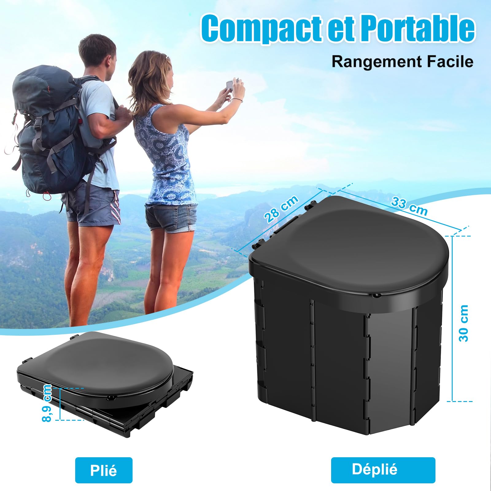 WADEO Toilettes de Camping Pliables, [Max 181 kg] [7 Panneaux Renforcés] Portables avec Couvercle et Porte-Papier, pour Adultes, Voyage, Randonnée, Van