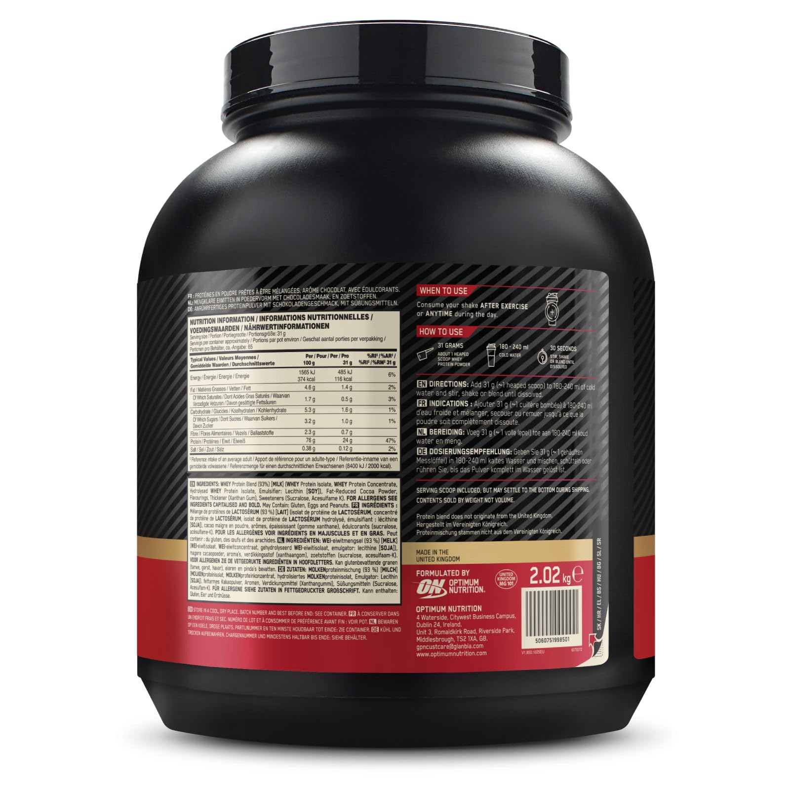 Optimum Nutrition Gold Standard 100% Whey Proteine con Aminoacidi Doppio Cioccolato 2,02kg 65 Porzioni + Shaker
