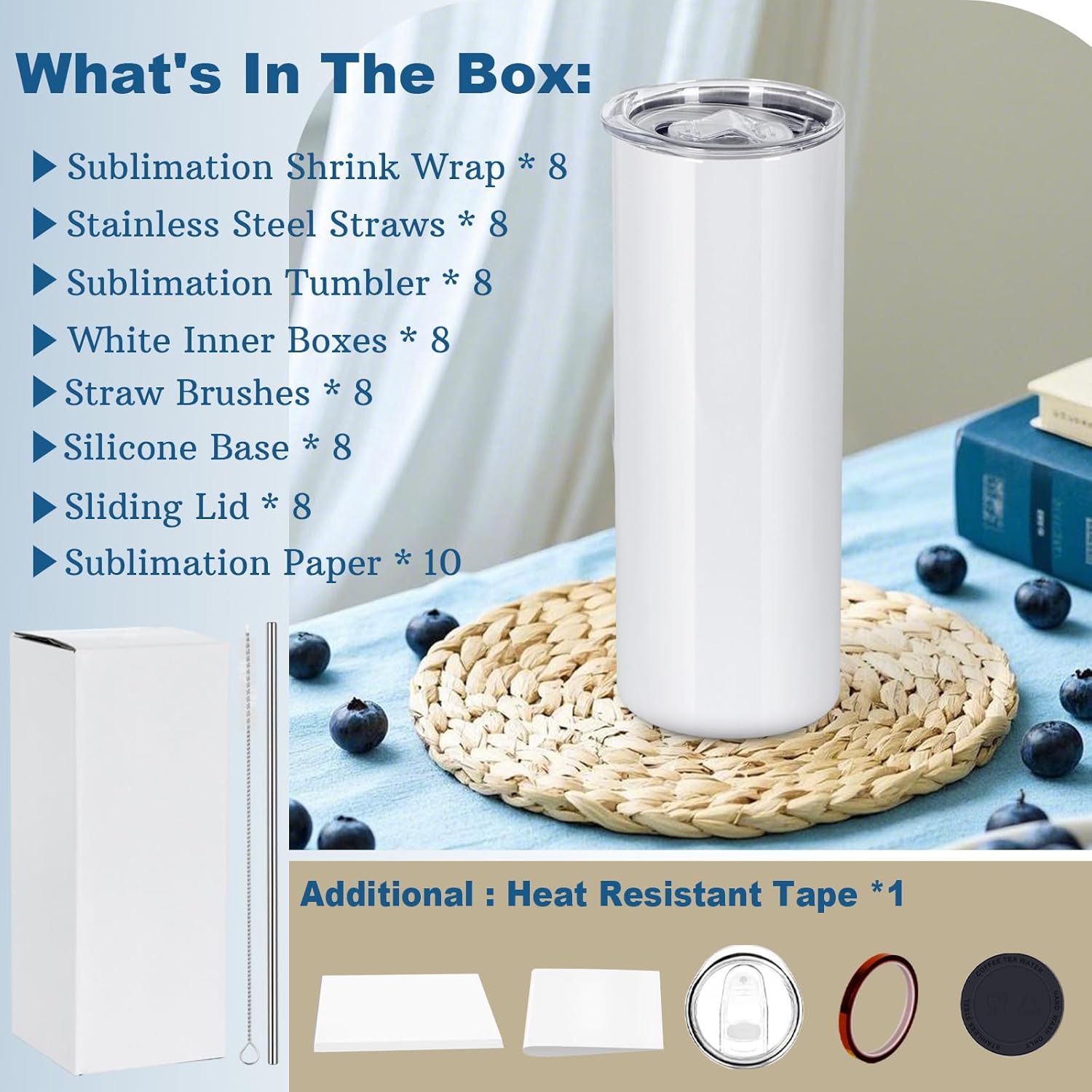 8 Pack 20 OZ Sublimation Tumblers Bulk, Skinny Straight White Sublimation Cups, Stainless Steel Double Wall Insulated Tumbler for Heat Transfer, Individually Boxed - Image 2