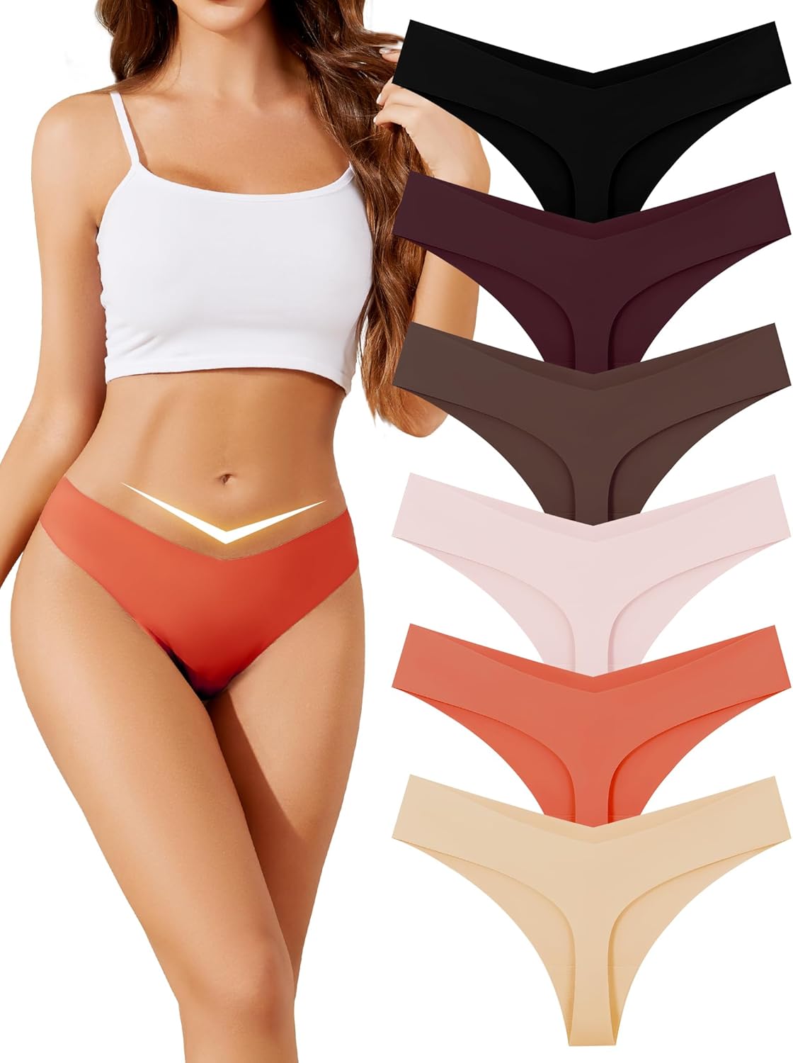 ANSUKOO Seamless V Cut Thongs for Women Underwear 6Pack,No Show Ladies Workout Tanga,No Line Comfortable Low Rise Gym Panties