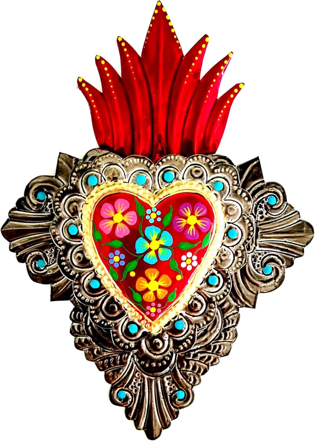 Irekua Mexican Heart Folk Art Wall Decor 8.5" Metal Charms