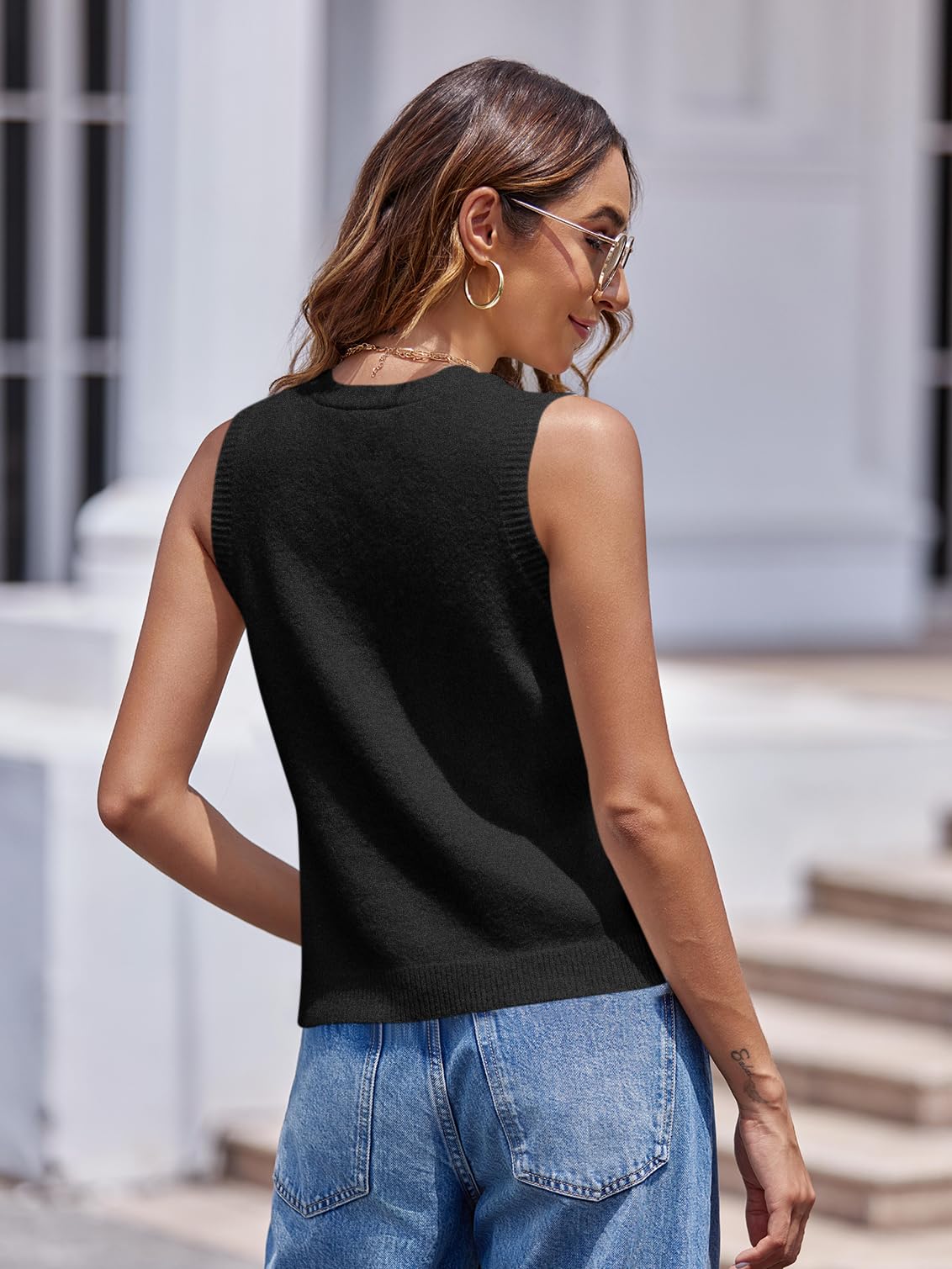 Saodimallsu Pull sans manches pour femme - Coupe ample - Gilet en tricot - Bouton en V - Tricot tendance et décontracté - Avec poches