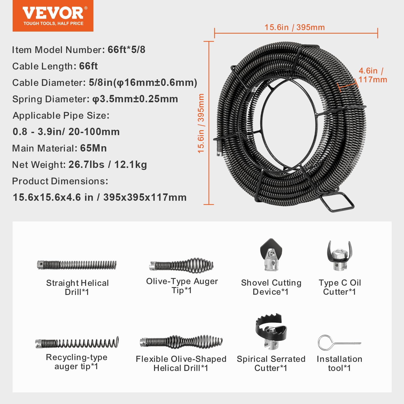 VEVOR Cable de Limpieza de Drenaje, Limpiador de Drenaje Seccional Profesional con 7 Cortadores, 395 x 395 x 117 mm