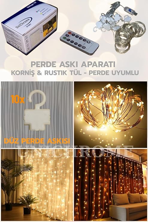 Zauss Kumandalı 8 Ayrı Moda Sahip 3mx3m (300 Cm X 300 Cm) Perde Led 10 Saçaklı Gün Işığı