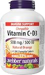 Webber Naturals Vitamin C + D Chewable Vitamin, 500 mg Vitamin C and 500 IU Vitamin D per Orange Flavoured Chewable Tablet, 200 Tablets, Supports Immune Health