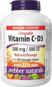 Webber Naturals Vitamin C + D Chewable Vitamin, 500 mg Vitamin C and 500 IU Vitamin D per Orange Flavoured Chewable Tablet, 200 Tablets, Supports Immune Health
