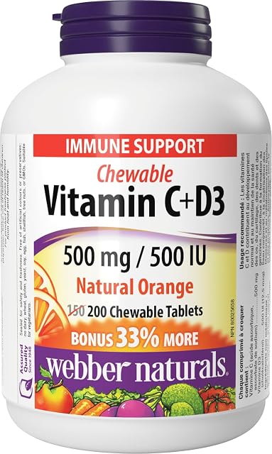 Webber Naturals Vitamin C + D Chewable Vitamin, 500 mg Vitamin C and 500 IU Vitamin D per Orange Flavoured Chewable Tablet, 200 Tablets, Supports Immune Health