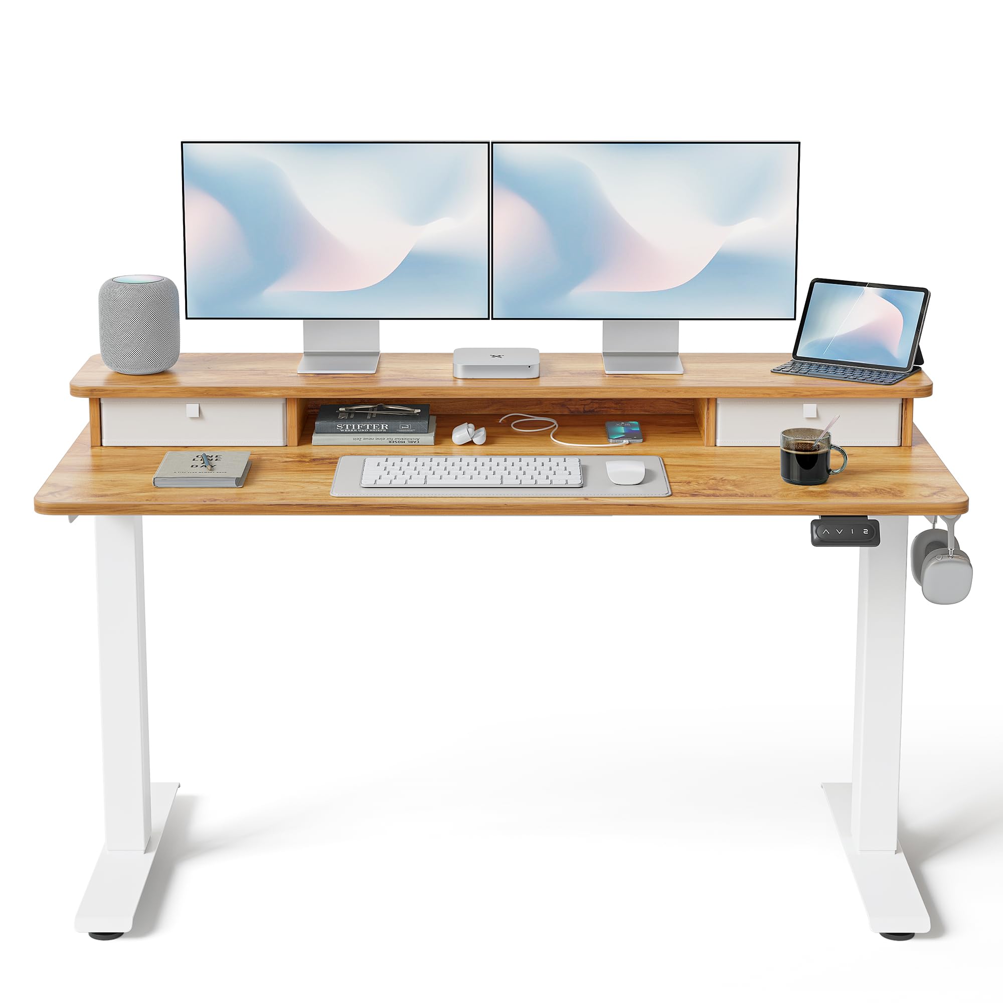 FEZIBO 55 x 24 Inch Height Adjustable Electric Standing Desk with Double Drawer, Stand up Desk, Home Office Computer Workstation with 4 Height-Adjustable Feets & 2 Hooks, Light Rustic