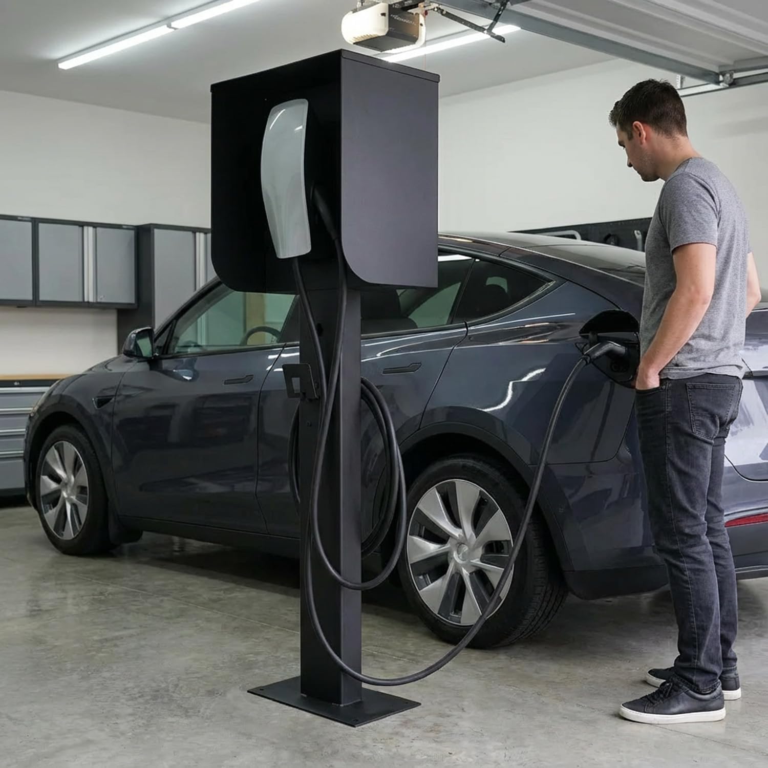 EV Charger Pedestal,EV Charger Stand with Roof and Side Protection,Indoor & Outdoor Electric Vehicle Charging Stations for All Level 2 Chargers(Black)