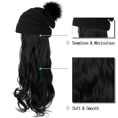 Miniatura 10 de Qlenkay Gorro con extensiones de cabello largo ondulado y rizado, gorra negra de punto, peluca sintética de 20 pulgadas, postizo desmontable, pompón