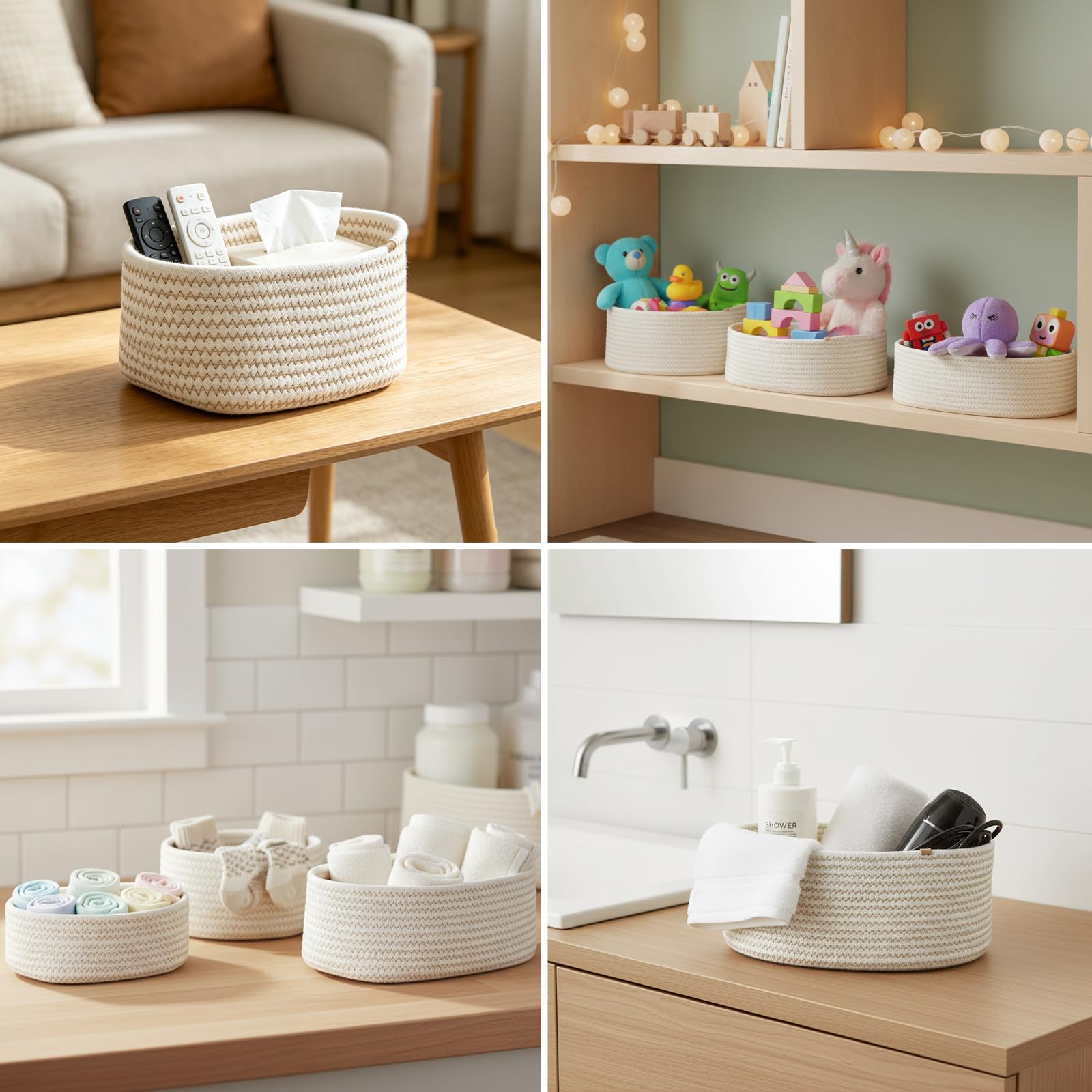 Cozary Cestini Portaoggetti Intrecciato, Impilabile Scatola Di Immagazzinaggio In Corda Di Cotone, Organizer,Ecorazione Cestini Stoccaggio Per Bagno Cameretta Salotto Ufficio, 3 Pezzi