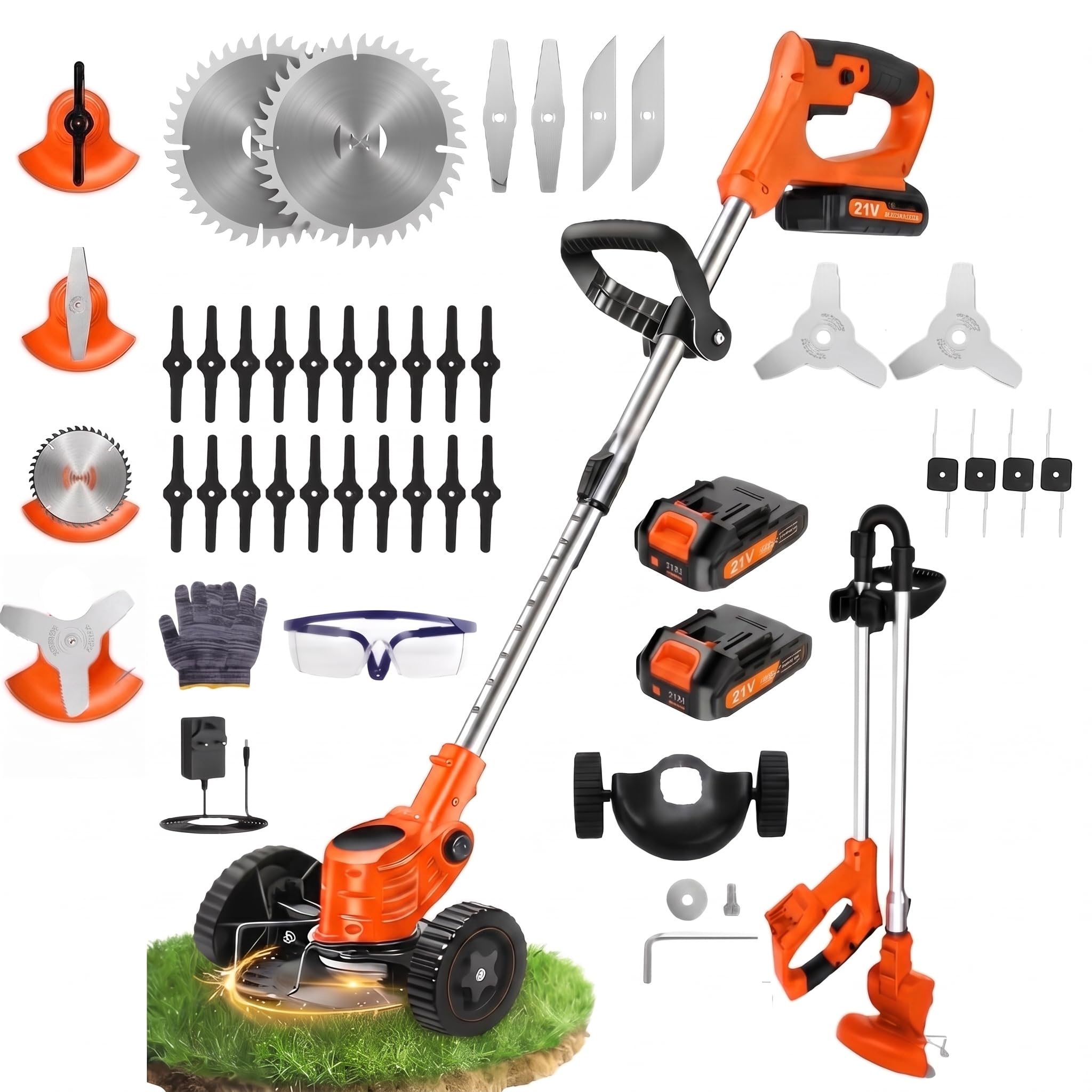 Foldable Cordless Garden Strimmers, Electric 21v Grass trimmer with 2 X 2000mAh Battery, Adjustable Metal Blades,Garden Trimmer Telescopic Lightweight, 1880W, for Gardens,Park (Orange Foldable)