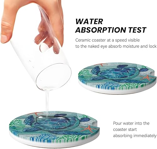 Miniatura 3 de Portavasos de automóvil de tortuga marina, paquete de 2 posavasos de cerámica absorbente para portavasos de automóvil, accesorios de automóvil,