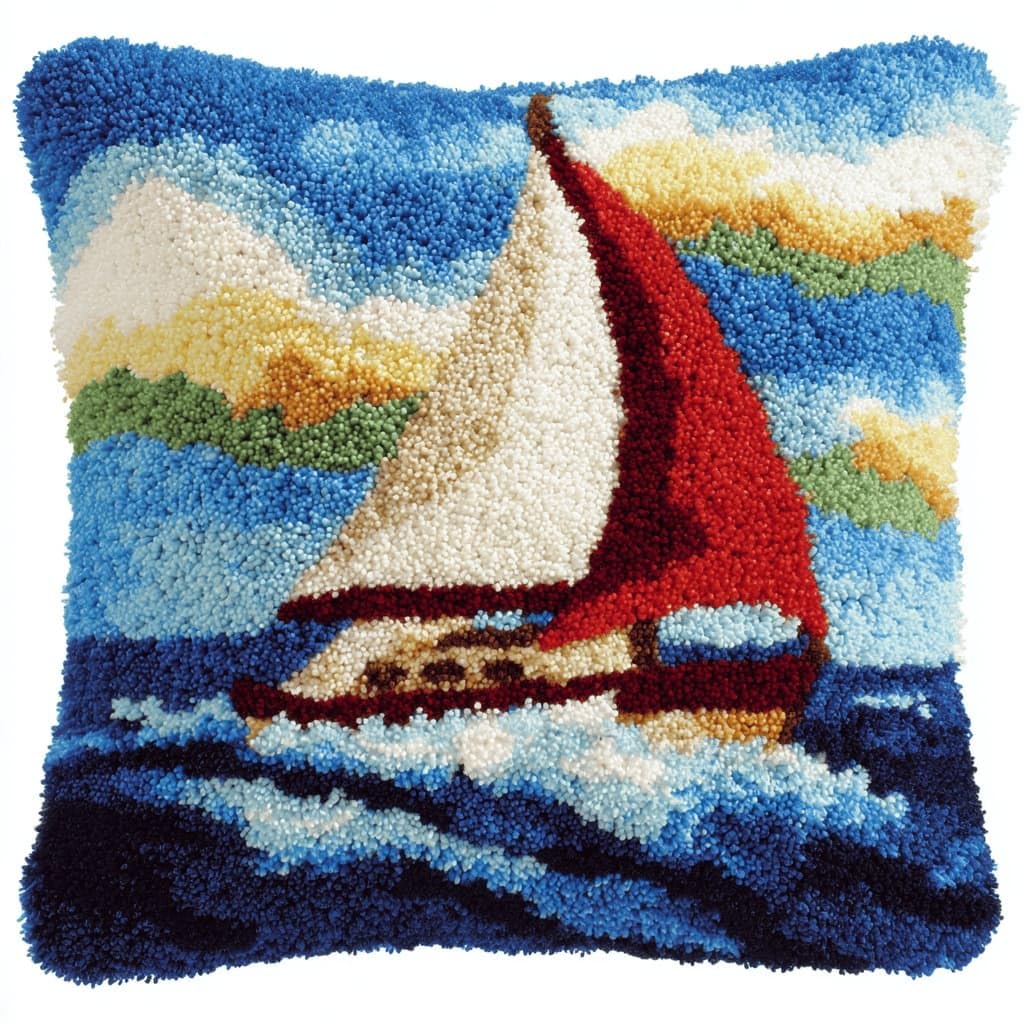 Latch Hook Pillow Kit For Adults,Sailboat 17X17In Latch Hook Kit For Pillow Cover With Instruction For Beginner Cross Stitch Sofa Cushion Cover With Crochet Yarn For Beginners And Home Decor