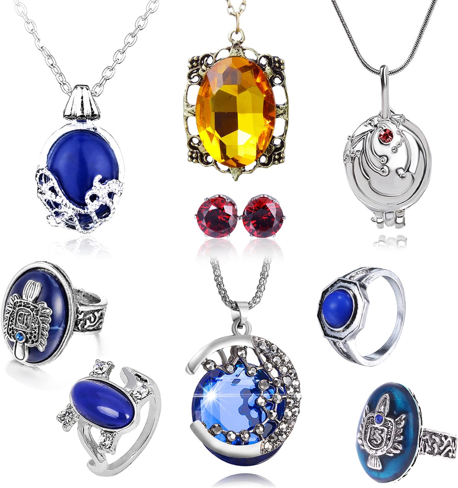 9 pcs Vampire Diaries Jewelry Daywalking Katherine Bonnie Moon Elena Gilbert Vervain Locket Necklace Salvatore Damon Stefan finger Family Crest Ring Diamond Stud Earrings, silver