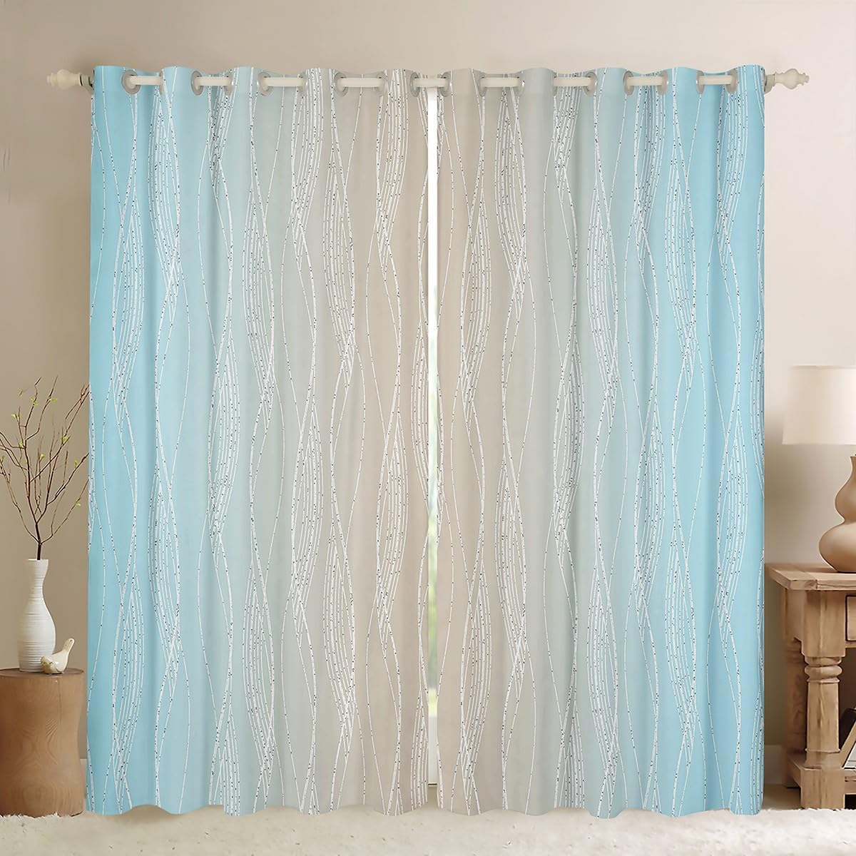 Erosebridal Aqua Beige Ombre Curtains & Drapes 38" Wx45 L Light Sky Blue Gradient Blackout Curtains for Bedroom Living Room Geometric Silver Striped Window Curtains Abstract Curtains 2 Panels