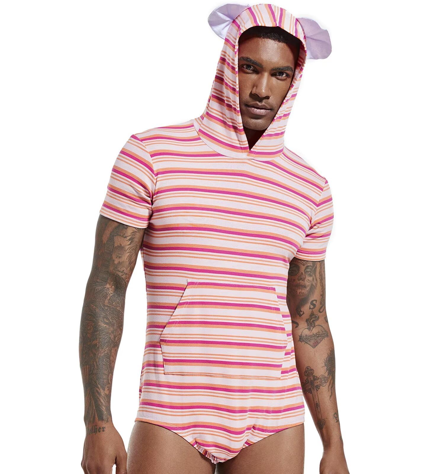 Landofgenie Mężczyźni Krótki Rękaw Onesie Piżama Bodysuit One Piece Dorośli Body z Kapturem i Piżamą