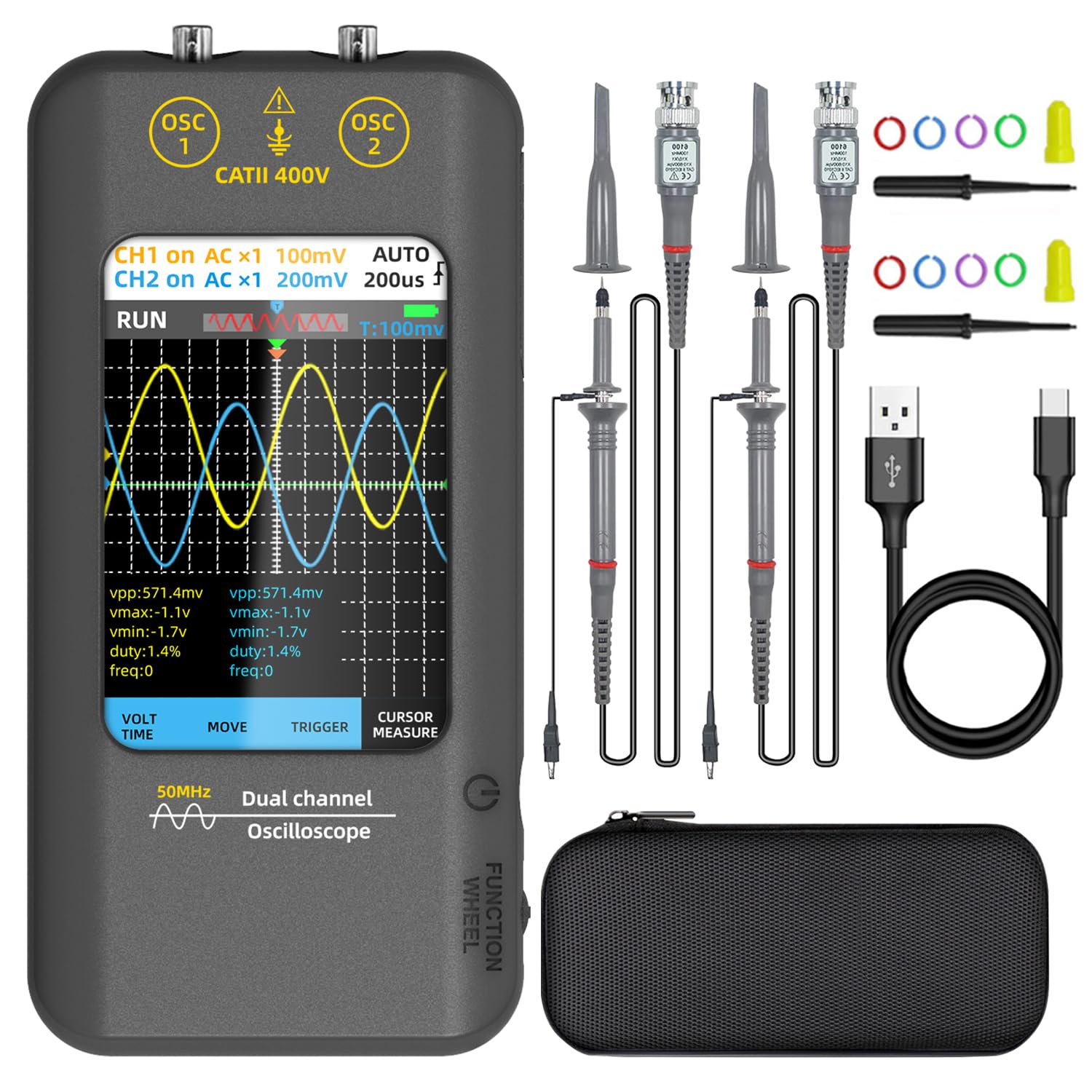 BSIDE Dual Channel Oscilloscope 50MHz Bandwidths Handheld Oscilloscope 3.98'' Touchscreen digital oscilloscope Signal Generator 250MSa/s Sampling Portable Oscilloscope