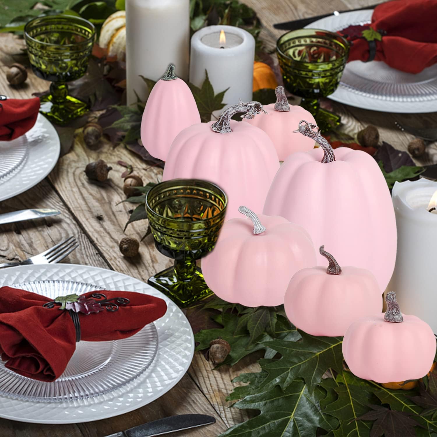 FOIMAS Pink Artificial Pumpkin,8pcs Lifelike Faux Pumpkins Decor for Halloween Thanksgiving Fall Party Harvest Table Decoration Supply
