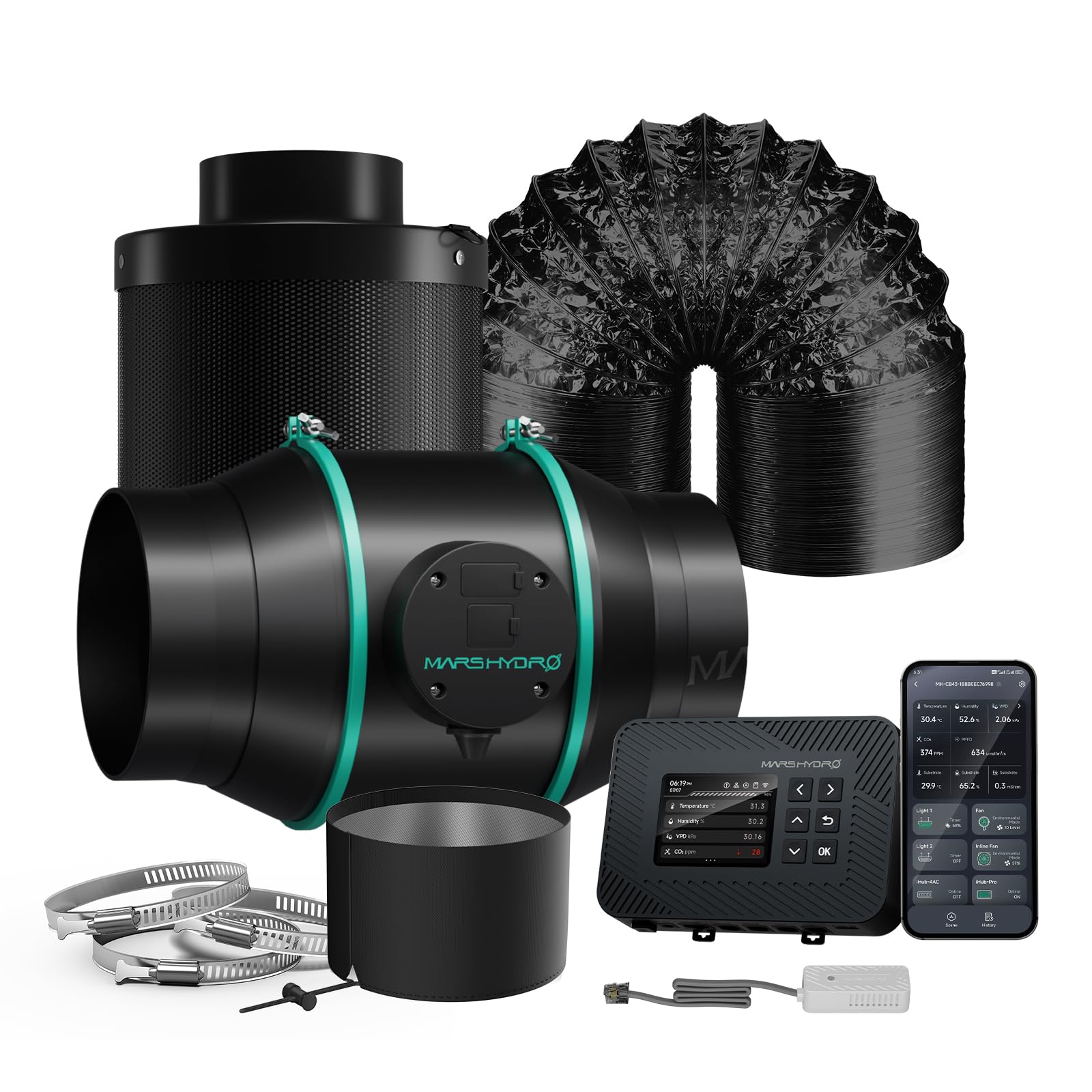 MARS HYDRO Kit de sistema de ventilación de tienda de cultivo de 6 pulgadas, ventilador de conducto en línea con controlador de temperatura y humedad iControl, control remoto de aplicación, combo de